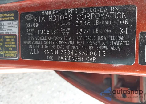 2009 Kia Rio Sx from USA, damaged, VIN KNADE223496530615